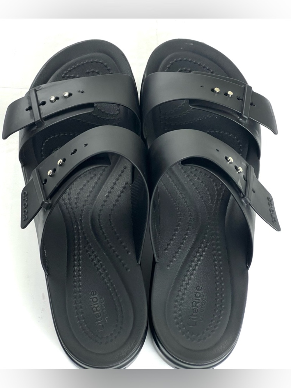 CROCS Black Double-Strap Platform Slide Sandals - Women - Picture 7 of 12